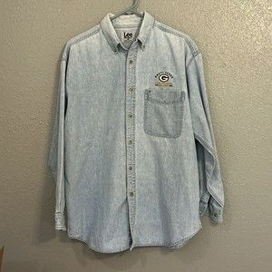 Vintage Green Bay Packers Brett Favre Lee Sport Denim Long Sleeve Shirt Large